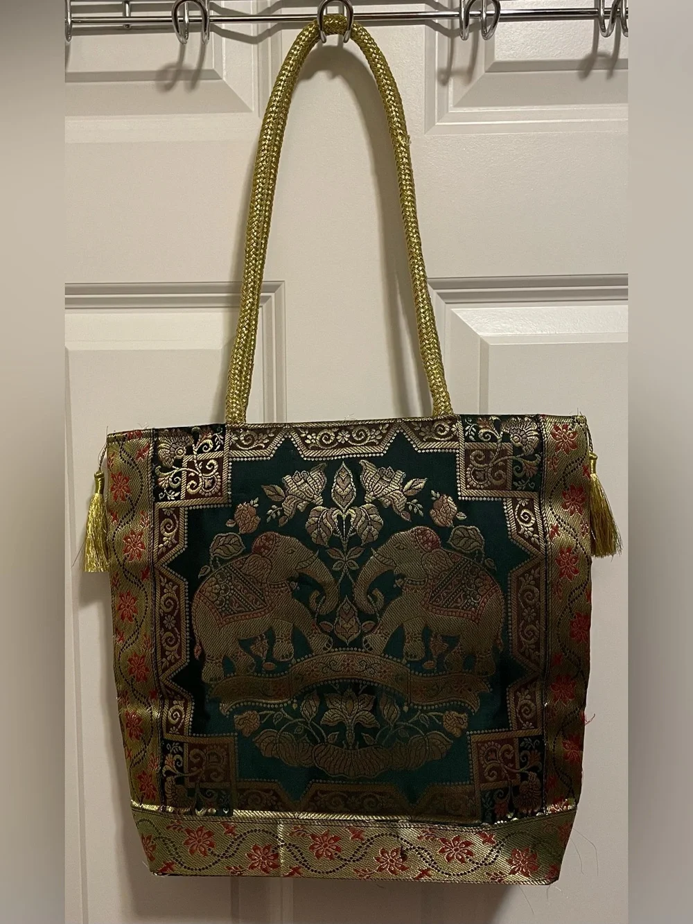 Unused Thai Silk Brocade Elephant Tote Bag Gold Metallic